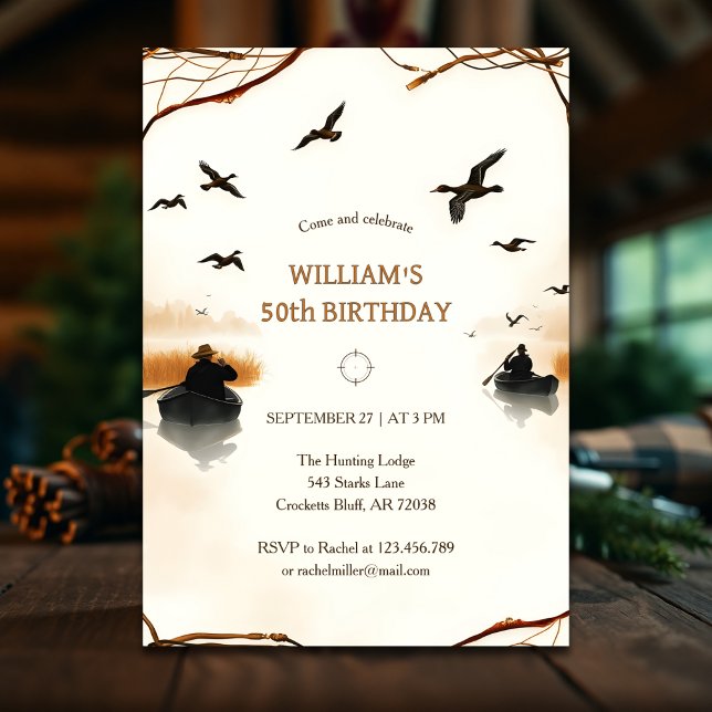 Invitación Cumpleaños ruso de la caza del Pato (Rustic Duck Hunting Birthday Invitation – Outdoor 50th Celebration for Him)
