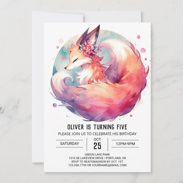 Invitación Cumpleaños Rustic Editable Fox (Anverso)