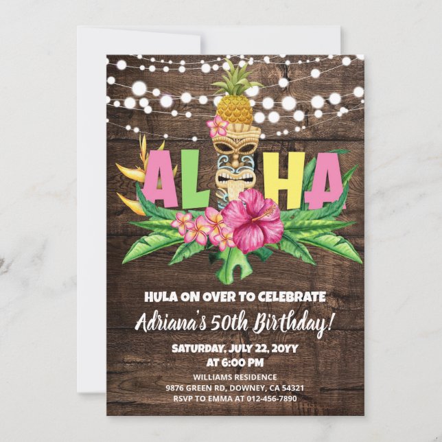 Invitación Cumpleaños Rústico Aloha Luau Hawaiano (Anverso)