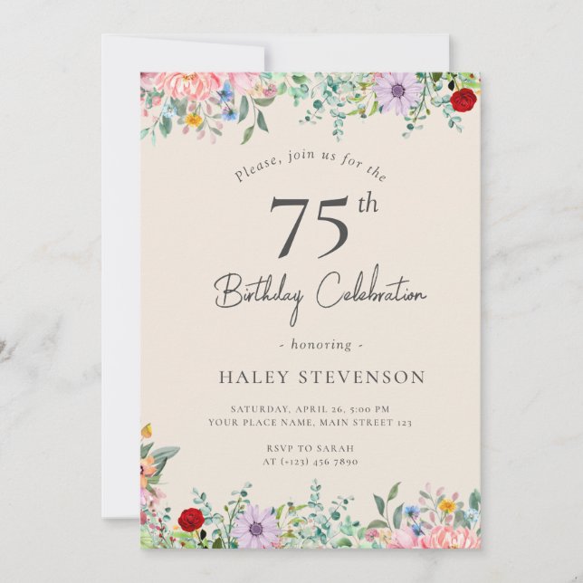 Invitación Cumpleaños Rústico Boho Flores Silvestres 75 Simpl (Anverso)