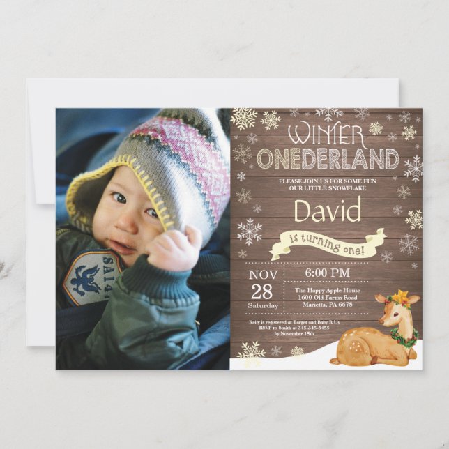 Invitación Cumpleaños Rustico de Invierno Onederland Ciervo 1 (Anverso)