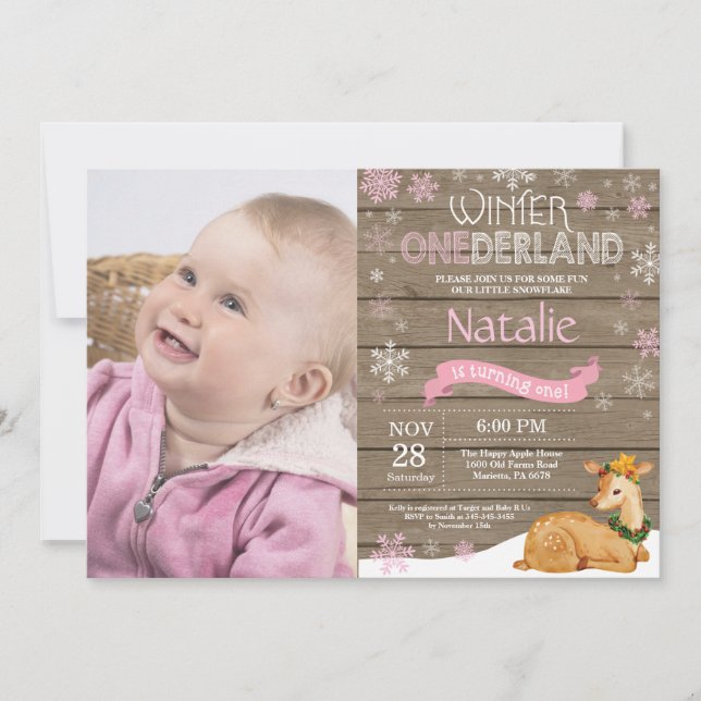 Invitación Cumpleaños Rustico de Invierno Onederland Ciervo 1 (Anverso)
