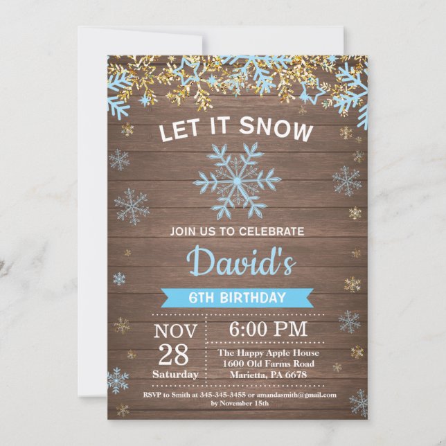 Invitación Cumpleaños Rústico de Niño Copo de Nieve Invierno  (Anverso)