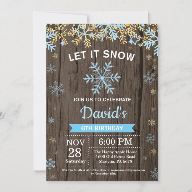 Invitación Cumpleaños Rústico de Niño Copo de Nieve Invierno  (Anverso)