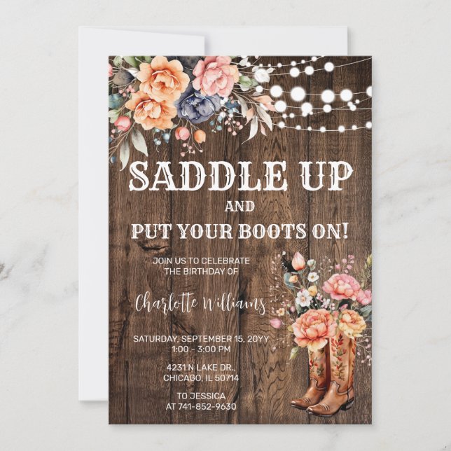 Invitación Cumpleaños Rústico del Oeste Saddle Up (Anverso)