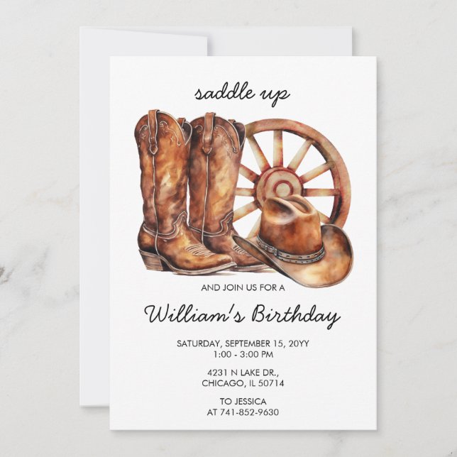 Invitación Cumpleaños Rústico del Oeste Saddle Up (Anverso)