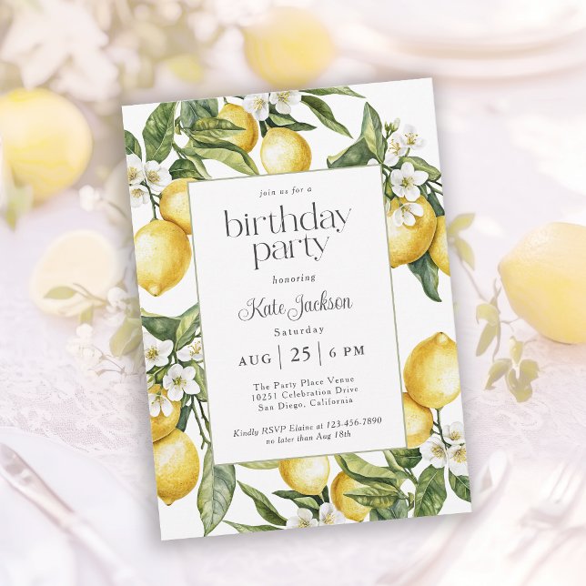 Invitación Cumpleaños rústico mediterráneo de flor de limón (Invitation may be ordered in both printed and digital formats.)