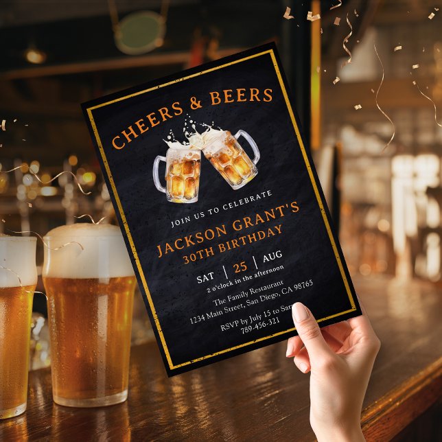 Invitación Cumpleaños Rústico Pizarra Cheers & Beers Cualquie (Chic Navy Blue Beer Label Brewery Theme Birthday Invitation)