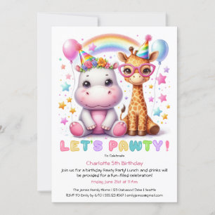 Invitación Cumpleaños Safari Brillante Conejita Jirafa e Hipo