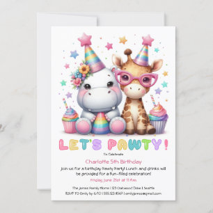 Invitación Cumpleaños Safari Brillante Conejito y Hipopótamo 