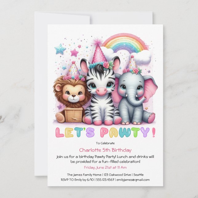 Invitación Cumpleaños Safari Brillante Elefante lindo, león (Anverso)