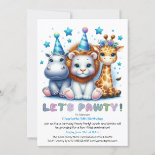 Invitación Cumpleaños Safari Brillo Azul Rinoceronte, León, J