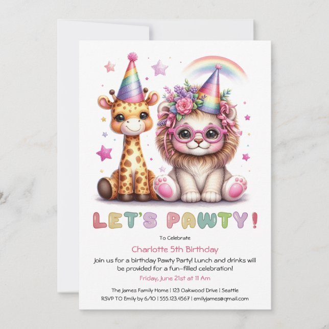 Invitación Cumpleaños Safari Glitter Cumpleaños León y Jirafa (Anverso)