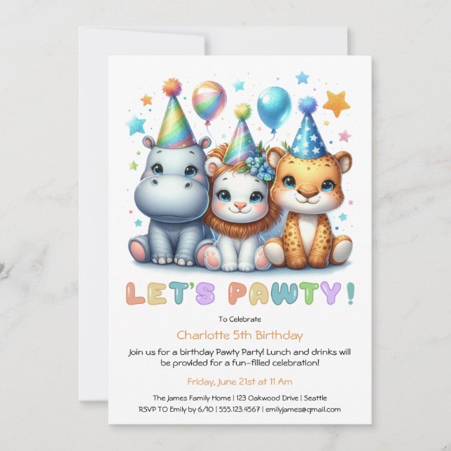 Invitación Cumpleaños Safari - Hipo Azul Purpurina, Tigre, Le (Anverso)