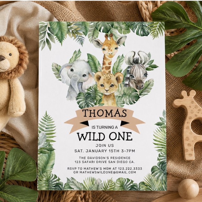 Invitación Cumpleaños Safari Tropical Jungle Wild One  (Wild One Tropical Jungle Safari Birthday Invitation)