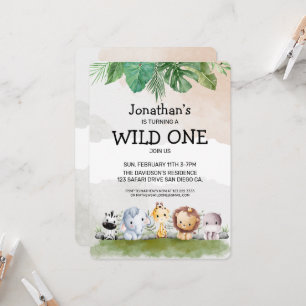 Invitación Cumpleaños safari verde y beige salvaje uno