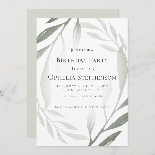 Invitación Cumpleaños | Sage Green Olive Branch Watercolor (Anverso / Reverso)