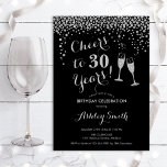 Invitación Cumpleaños - Saludos A 30 Años Negro Plateado<br><div class="desc">30.ª Invitación de cumpleaños. ¡Salud A 30 Años! Elegante diseño en negro y falso purpurina plateado. Incluye gafas de champán,  letra de guión y confeti. Perfecto para una elegante fiesta de 30 años. Personaliza con tus propios detalles. Se puede personalizar para mostrar cualquier edad.</div>