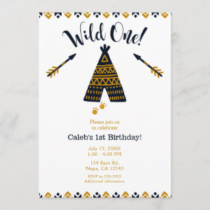 Invitación Cumpleaños Salvaje 1 Azul y Dorado Fiesta Tipi