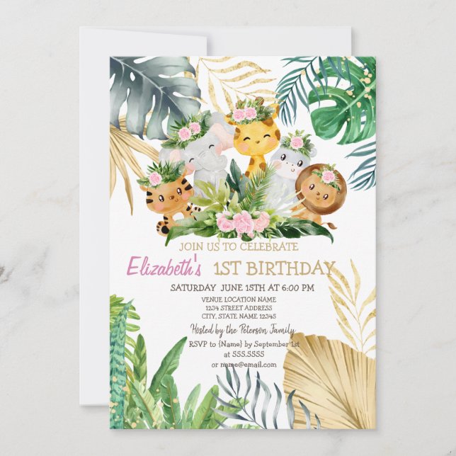 Invitación Cumpleaños Salvaje Animales Flores Tropical 1er An (Anverso)
