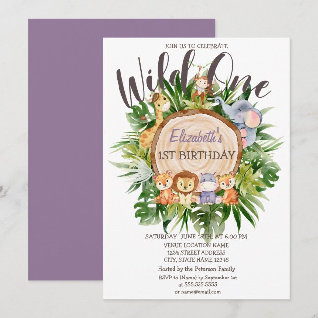 Invitación Cumpleaños Salvaje Animales Madera (Anverso / Reverso)