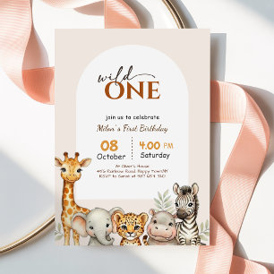 Invitación Cumpleaños Salvaje Arco Safari Animal Niña Niño 1e