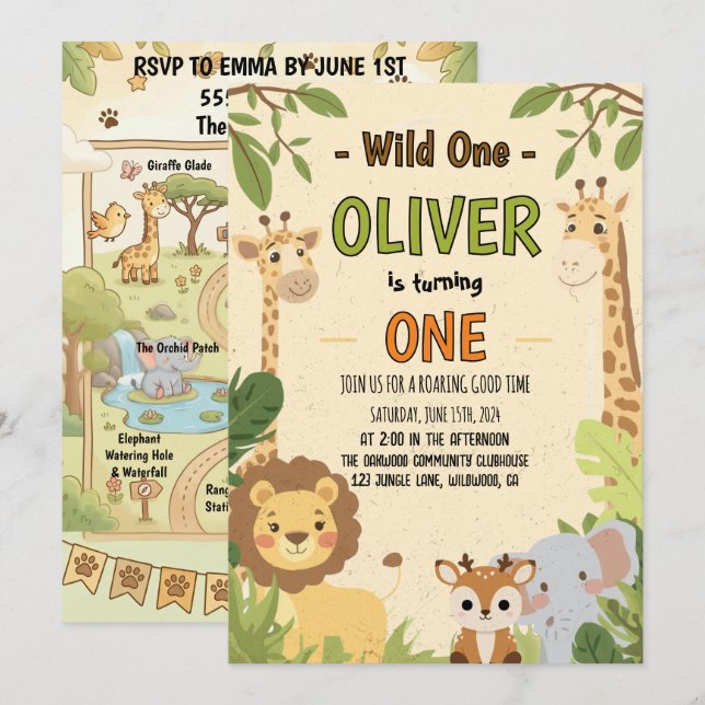 Invitación Cumpleaños Salvaje Cute Safari Primero (Anverso / Reverso)