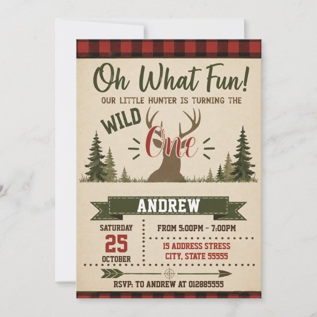 Invitación Cumpleaños Salvaje de Caza Personalizado Primero (Anverso)