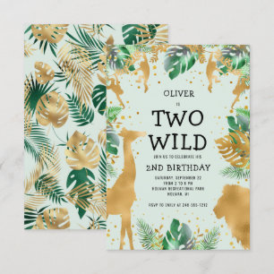 Invitación Cumpleaños salvaje de la selva 2 años verde dorado