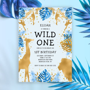 Invitación Cumpleaños Salvaje de los Niños Uno Azul Safari
