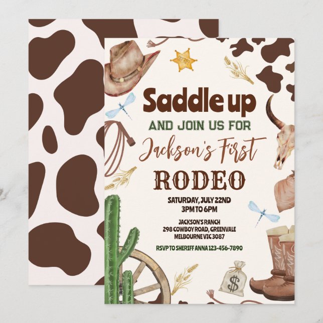 Invitación Cumpleaños Salvaje del Oeste Primer Rodeo Vaquero (Anverso / Reverso)
