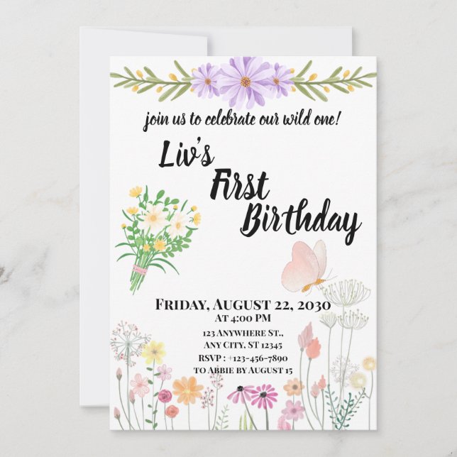 Invitación Cumpleaños Salvaje Flor Silvestre Primero (Anverso)