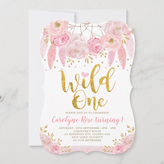 Invitación Cumpleaños salvaje floral rosado de Boho (Anverso)