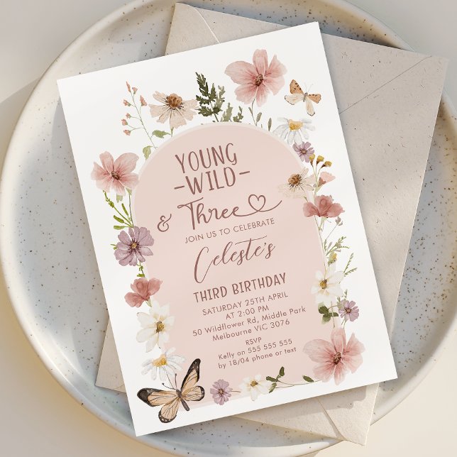 Invitación Cumpleaños Salvaje Joven Tres 3 años Blush  (Young, Wild and Three Birthday Invitation Wildflowers, Wildflowers 3rd Birthday Invitation Template)