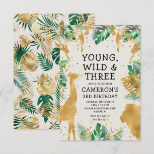 Invitación Cumpleaños Salvaje Joven Tres Safari Verde Beige