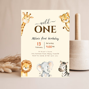 Invitación Cumpleaños Salvaje Niño Niña Acuarela Animales 1er