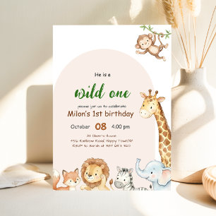 Invitación Cumpleaños Salvaje Safari Animales Niño 1er Cumple