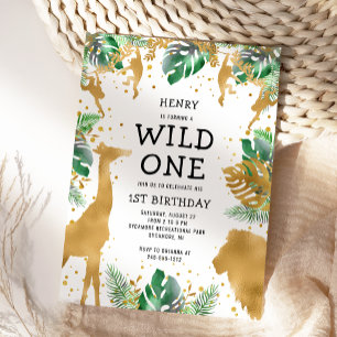 Invitación Cumpleaños Salvaje Safari Jungla Oro Verde 1er Cum