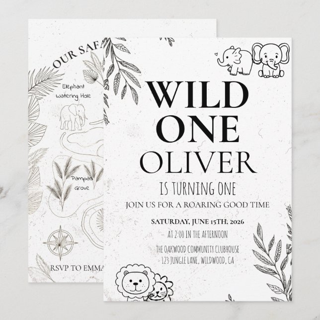 Invitación Cumpleaños Salvaje Safari Lindo Mapa Fiesta 1er Cu (Anverso / Reverso)