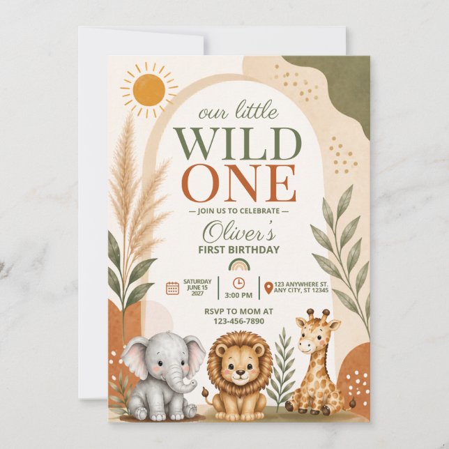 Invitación Cumpleaños Salvaje Safari Primero (Anverso)