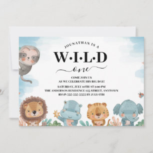 Invitación Cumpleaños Salvaje Uno Acuarela Animales de la Jun