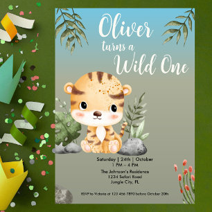 Invitación Cumpleaños Salvaje Uno Animales Safari Tigre Cute