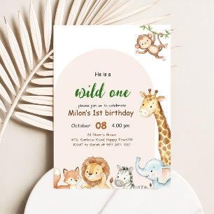Invitación Cumpleaños Salvaje Uno Arco Safari Animal Niño