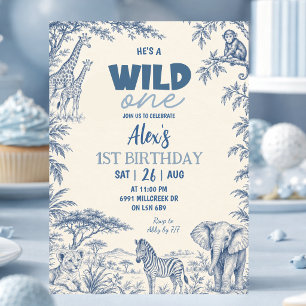 Invitación Cumpleaños Salvaje Uno Azul Toile Safari