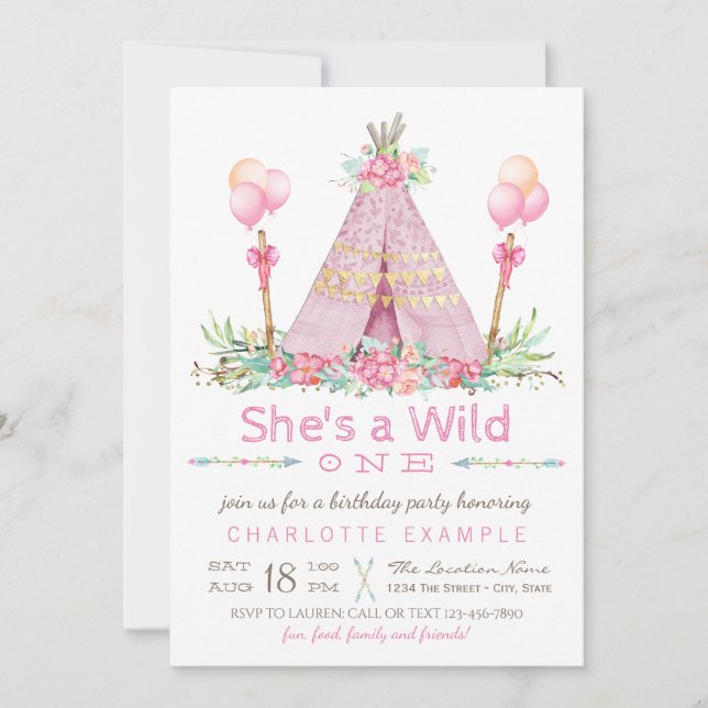 Invitación Cumpleaños Salvaje Uno Fiesta Cumpleaños Pink Teep (Anverso)