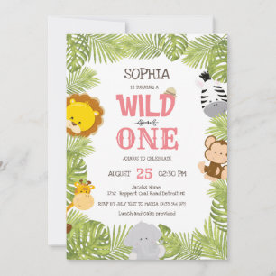 Invitación Cumpleaños Salvaje Uno Safari Animales Jungla