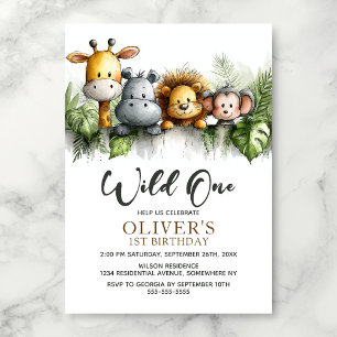 Invitación Cumpleaños Salvaje Uno Safari Tropical Animales