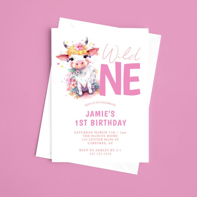 Invitación Cumpleaños Salvaje Vaca Bebé Rosa 1er (Subido por el creador)