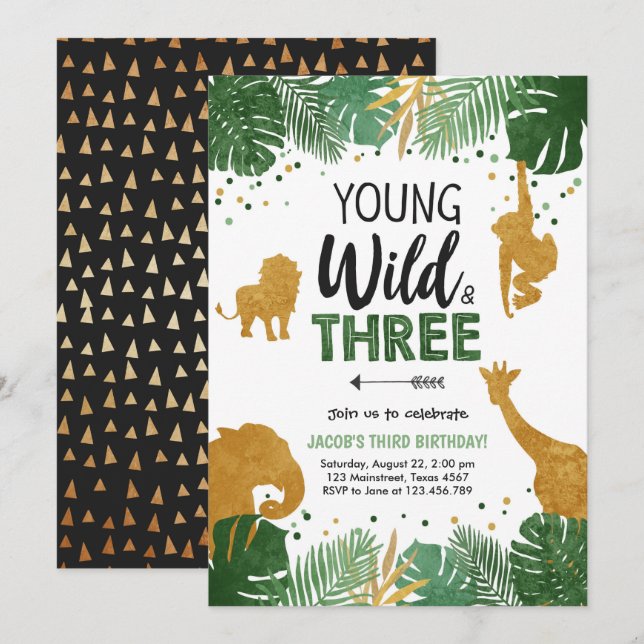 Invitación Cumpleaños salvaje y de tres animales del safari (Anverso / Reverso)