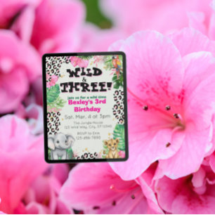Invitación Cumpleaños Salvaje y Tres Jungla Rosa